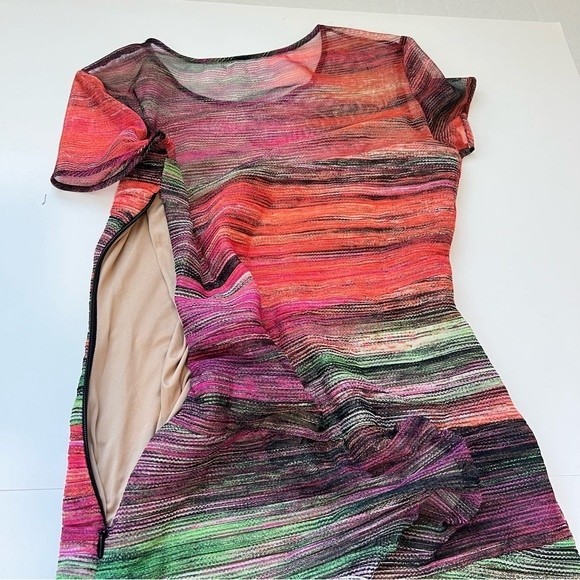 BCBG Max Azria Donna MultiColor Unique Ruched Dress Mesh Bodycon Cap Sleeve SZ S - Picture 10 of 12